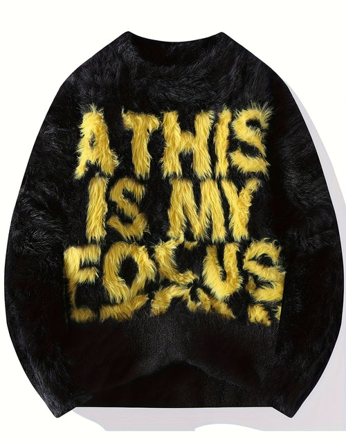 Load image into Gallery viewer, Men&#39;s Thick Fuzzy Sweater with Fleece &amp; &quot;THIS IS MY FOCUS&quot; Letter Print - White/Black Winter Warm Coat Jacket-like Collar, Loose Fit Round Neck Pullover for Casual &amp; Wear (No-Sew Design)

