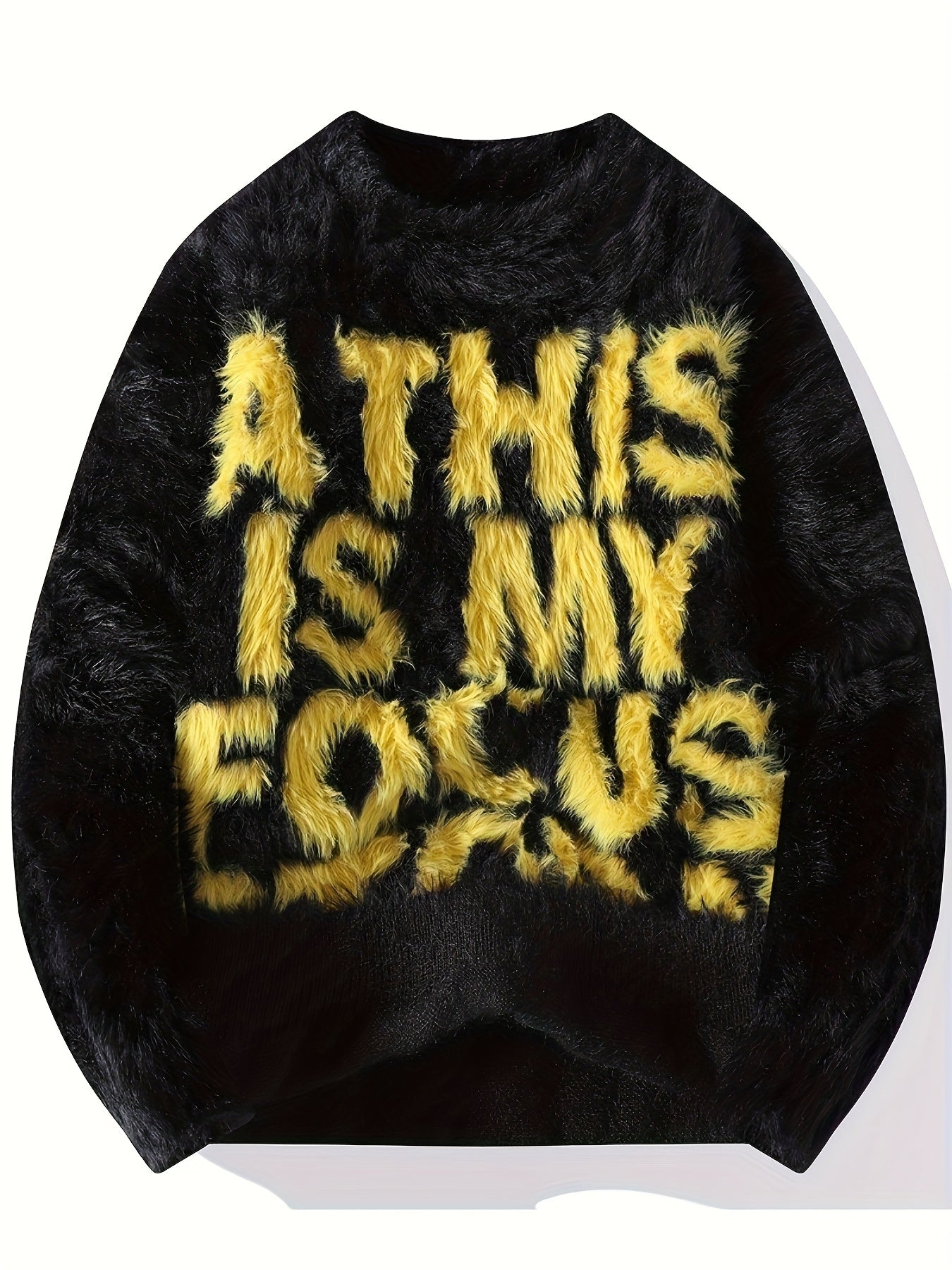 Men's Thick Fuzzy Sweater with Fleece & "THIS IS MY FOCUS" Letter Print - White/Black Winter Warm Coat Jacket-like Collar, Loose Fit Round Neck Pullover for Casual & Wear (No-Sew Design)