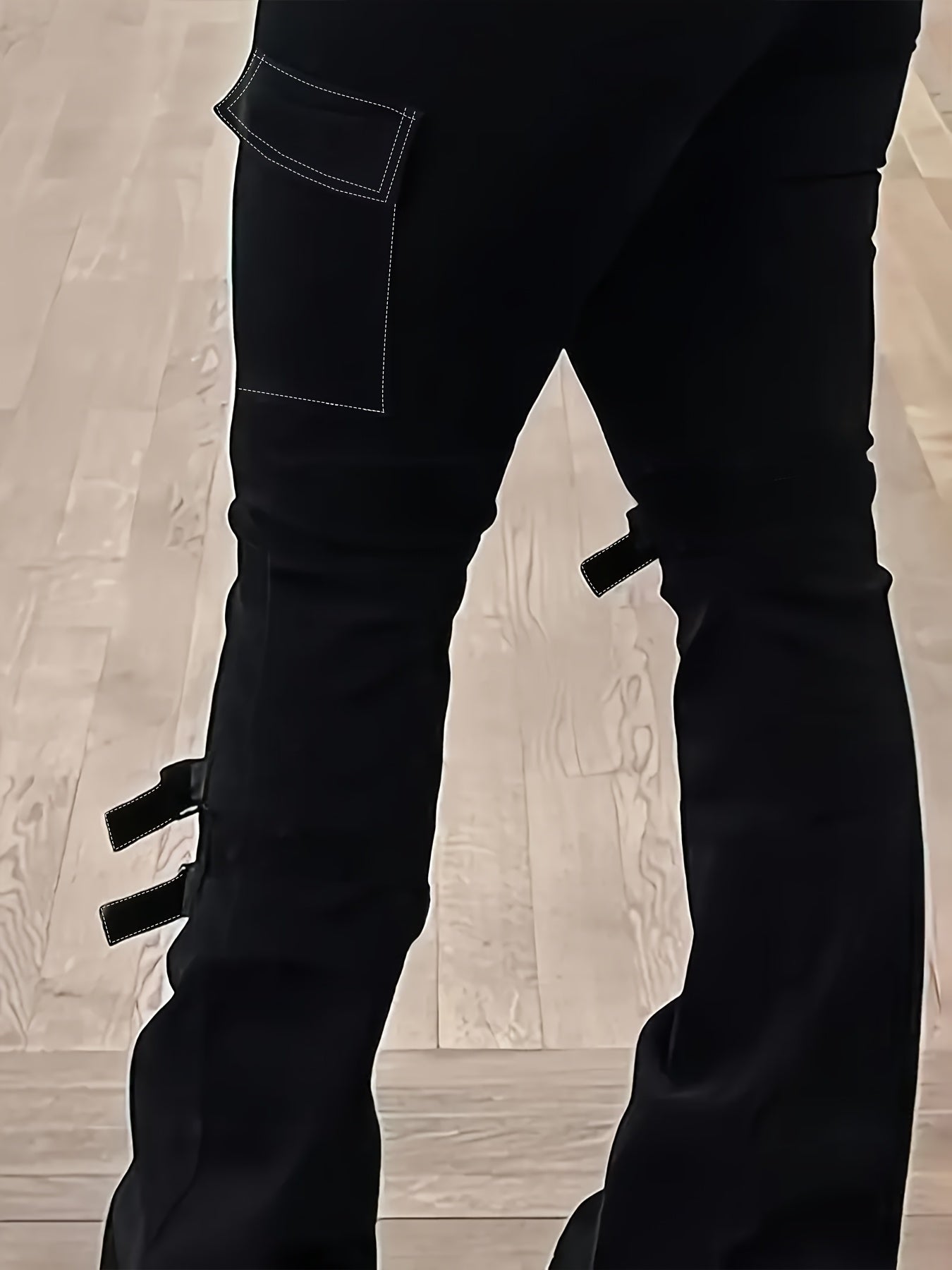 Plus Size Women American Retro Street Jeans - Solid Black Detachable Lace-Up Flap Side Pockets, Bootcut High Waist, Mature Comfortable Fashion Outfit