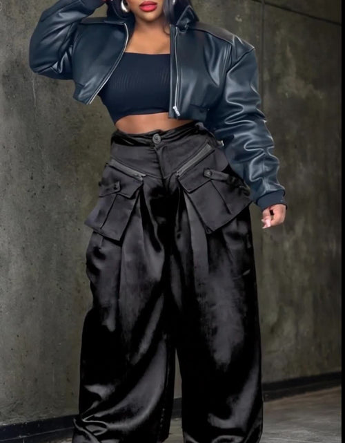 Load image into Gallery viewer, Women&#39;s High-Waisted Wide Leg Cargo Pants with Detachable 3D Pockets &amp; Side Zipper Pockets - Lightweight Stretch Polyester-Spandex Blend, Loose Fit Solid Color Trousers
