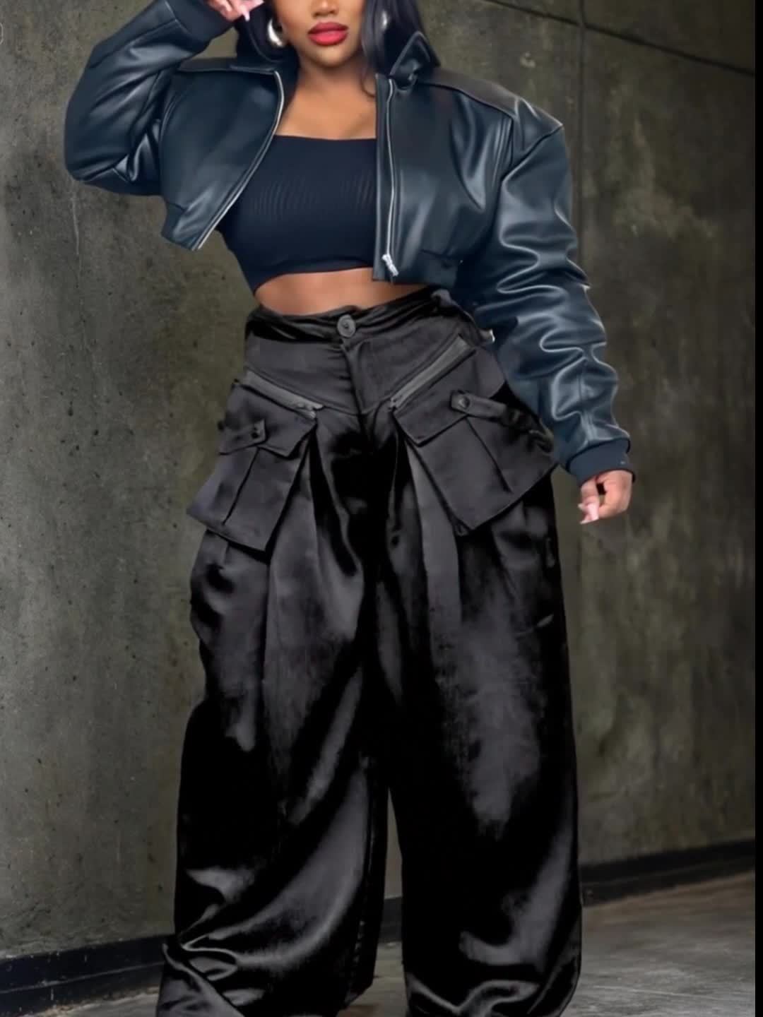 Women's High-Waisted Wide Leg Cargo Pants with Detachable 3D Pockets & Side Zipper Pockets - Lightweight Stretch Polyester-Spandex Blend, Loose Fit Solid Color Trousers