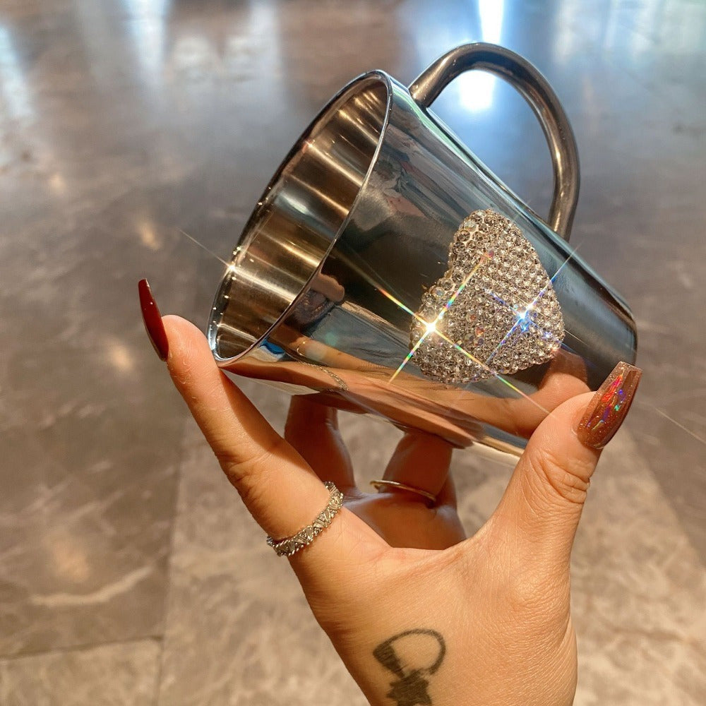 1pc Diamond-Studded Heart-Shaped Stainless Steel Coffee Mug - 304 Stainless Steel, Portable Travel Cup with Sparkling Diamond Accents, Elegant Gift for Coffee & Tea Lovers