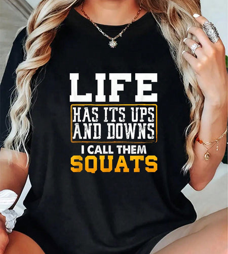 Women's Funny Workout T-Shirt with Squat & Weightlifting Design - Slogan Lettering & Squat-Themed Patch, Casual All-Season for Squat Challenge, Humor Gift for Female Athletes