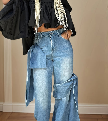 Blue Wide Leg Jeans with Bow-Tie Design Casual All-Season Polyester Blend Denim Pants with Slight Stretch for Comfort