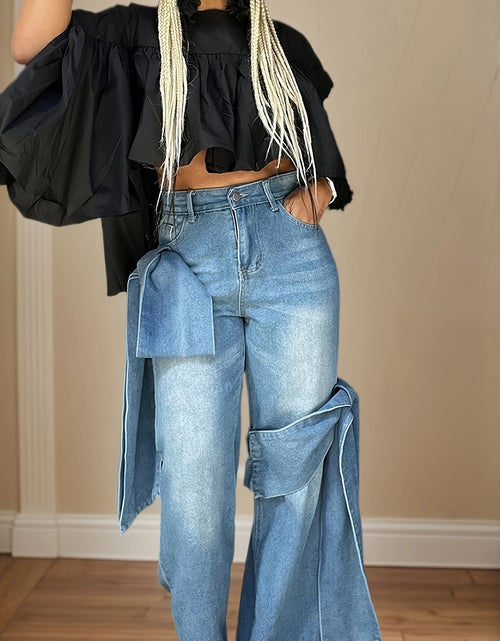 Load image into Gallery viewer, Blue Wide Leg Jeans with Bow-Tie Design Casual All-Season Polyester Blend Denim Pants with Slight Stretch for Comfort
