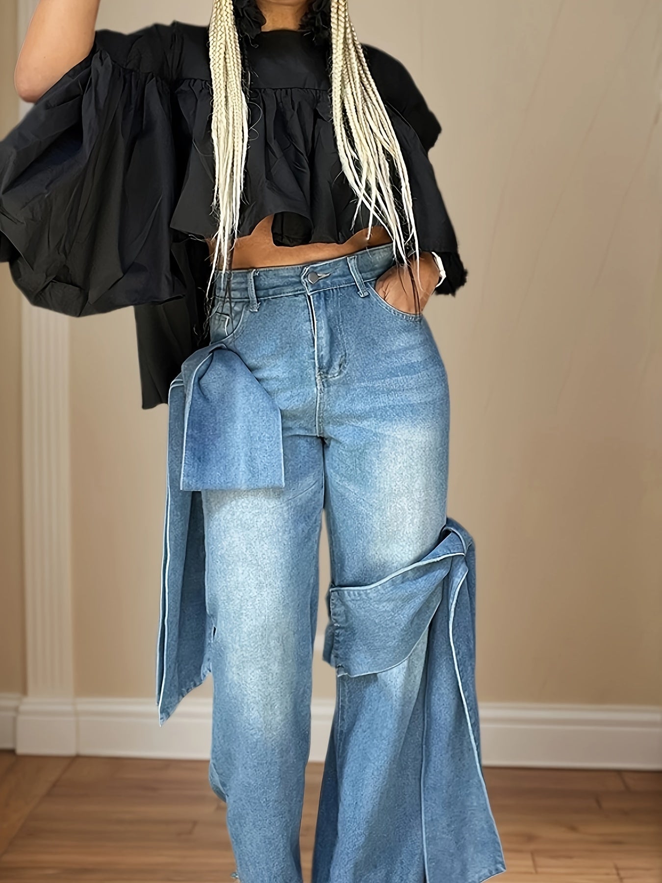 Blue Wide Leg Jeans with Bow-Tie Design Casual All-Season Polyester Blend Denim Pants with Slight Stretch for Comfort
