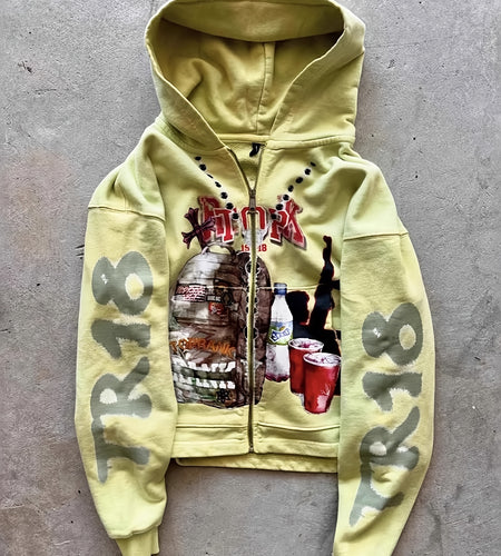 Men's & Women's Oversized Y2K Retro Graffiti Print Zip-Up Hooded Jacket - Full-Zip Streetwear Coat with Music Note & Cassette Tape Design, , Machine Washable All-Season Casual Outer Layer (Green/Beige) - Unisex Vintage 90s