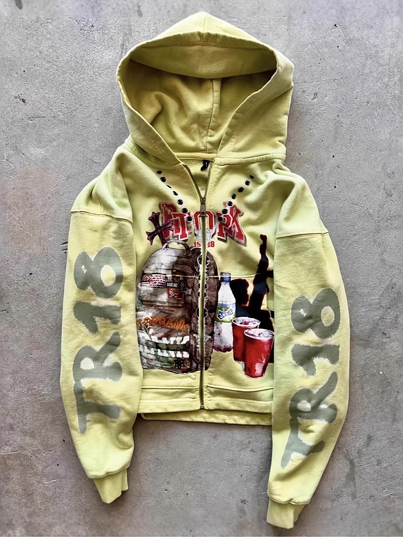 Men's & Women's Oversized Y2K Retro Graffiti Print Zip-Up Hooded Jacket - Full-Zip Streetwear Coat with Music Note & Cassette Tape Design, , Machine Washable All-Season Casual Outer Layer (Green/Beige) - Unisex Vintage 90s