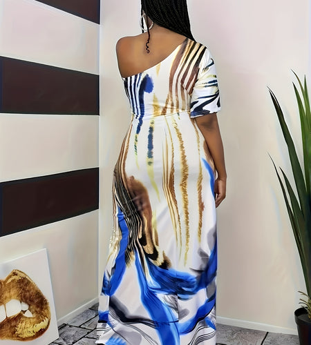 Stylish Summer Women's Off-Shoulder One-Sleeve Loose-Fit Maxi Dress - Geometric Tiger Print, Casual Polyester Knit, Machine Washable,