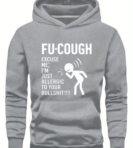 Durable, Men "FU-COUGH" Humorous Graphic Hoodie - Black Long Sleeve Casual Sweatshirt with Stick Figure Coughing Design, Polyester, Fall/Winter Wear