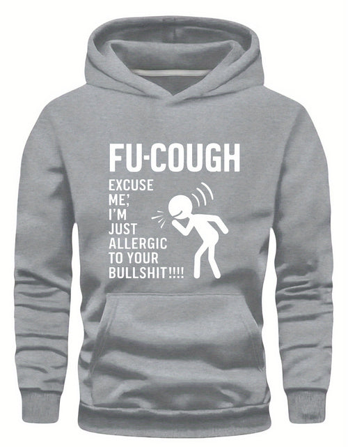 Load image into Gallery viewer, Durable, Men &quot;FU-COUGH&quot; Humorous Graphic Hoodie - Black Long Sleeve Casual Sweatshirt with Stick Figure Coughing Design, Polyester, Fall/Winter Wear
