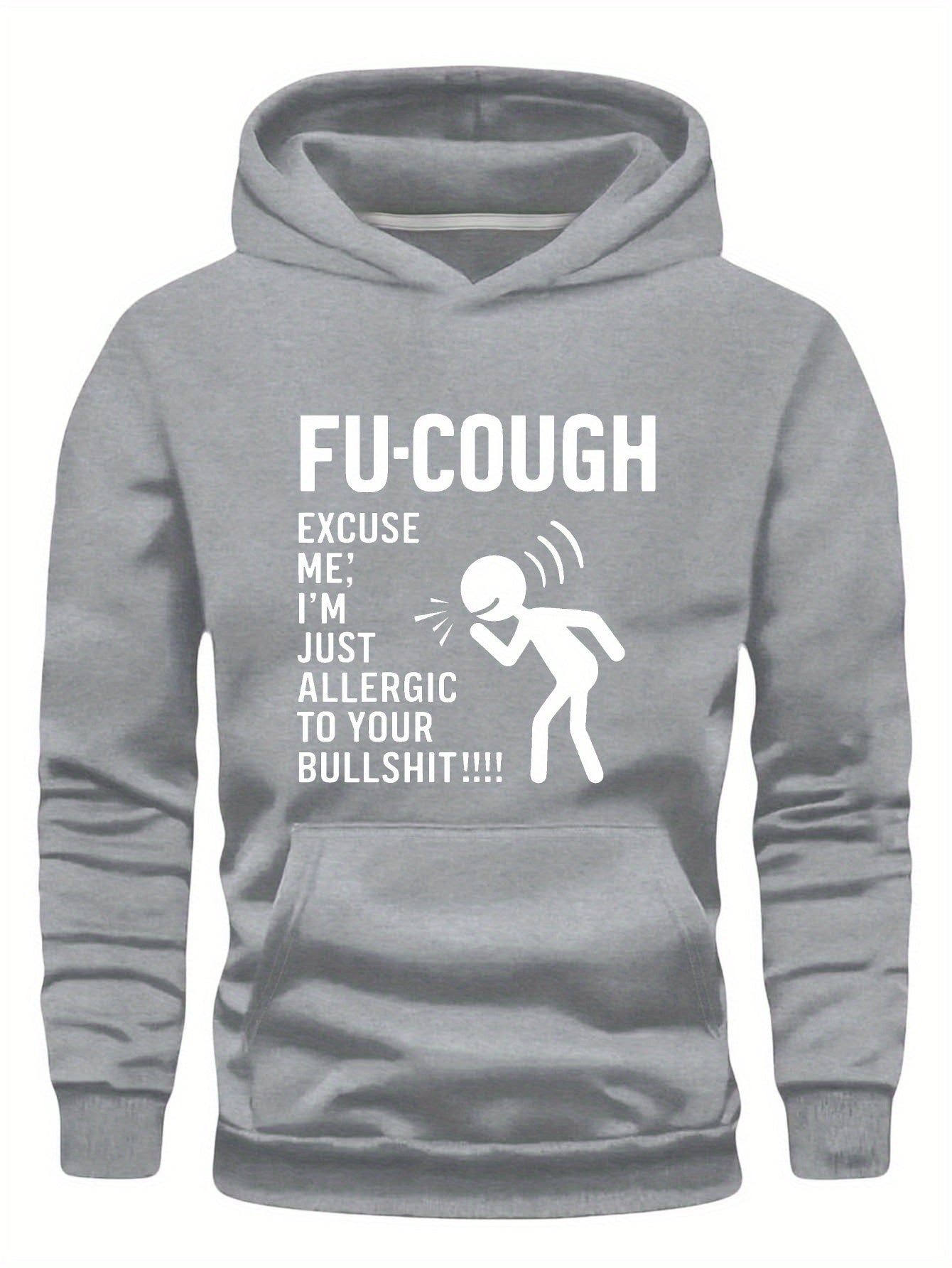 Durable, Men "FU-COUGH" Humorous Graphic Hoodie - Black Long Sleeve Casual Sweatshirt with Stick Figure Coughing Design, Polyester, Fall/Winter Wear