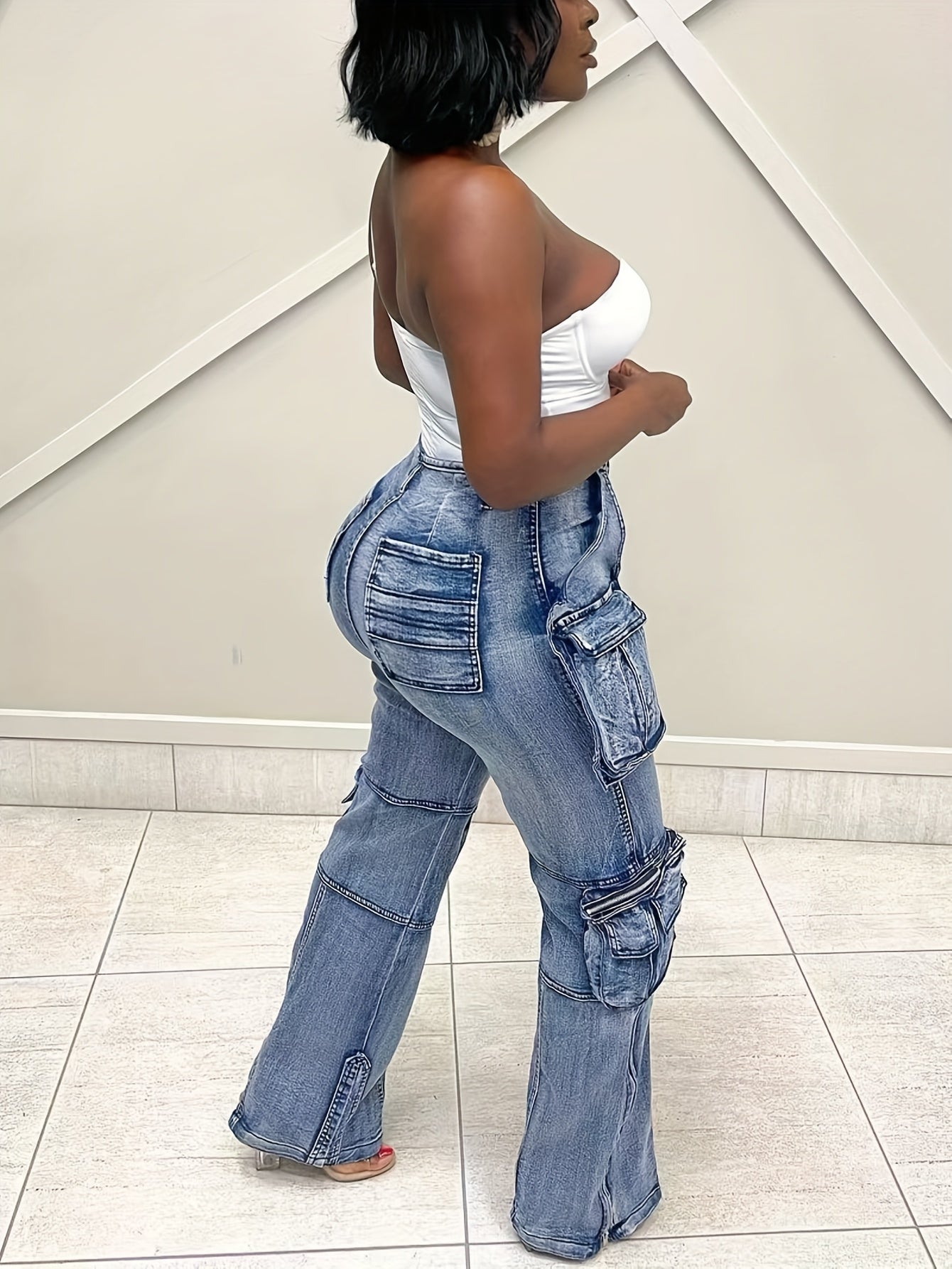 Women Y2K High Waisted Cargo Jeans - Stretch Denim Pants With Flap Pockets, Straight Leg Baggy Streetwear & Casual Comfort