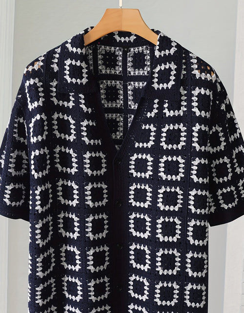 Load image into Gallery viewer, Men&#39;s Geometric Crochet Cardigan - Black &amp; White Contrast Short Sleeve Open Front Button Detail, Relaxed Fit Casual All-Season Knit Sweater, Versatile Fashion, Classic Turndown Collar, Elegant Button Closure
