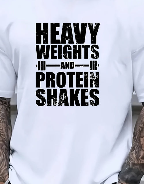 Load image into Gallery viewer, Men Heavy Weights &amp; Protein Shakes Gym T-Shirt  Retro Bodybuilding Tee, Machine Washable Workout Shirt for Weightlifting &amp; Casual Streetwear - Black with White Text Design, Fitness Apparel, Vintage Fitness Style, High quality
