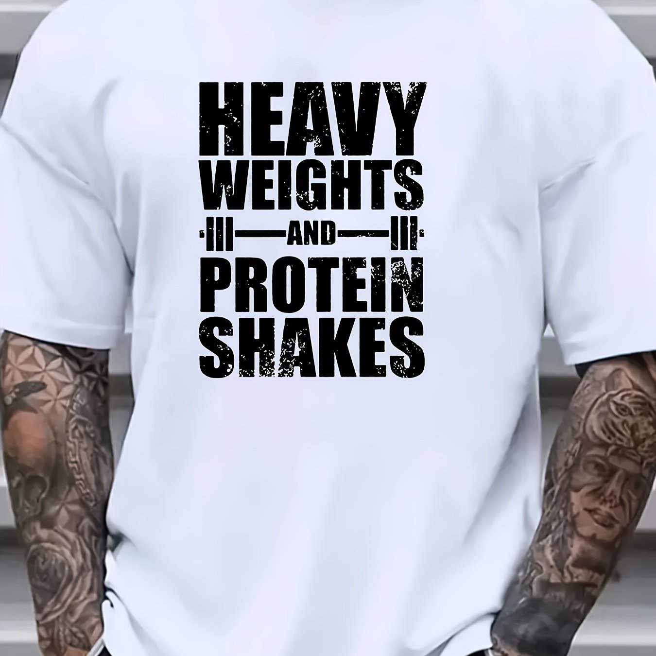 Men Heavy Weights & Protein Shakes Gym T-Shirt  Retro Bodybuilding Tee, Machine Washable Workout Shirt for Weightlifting & Casual Streetwear - Black with White Text Design, Fitness Apparel, Vintage Fitness Style, High quality