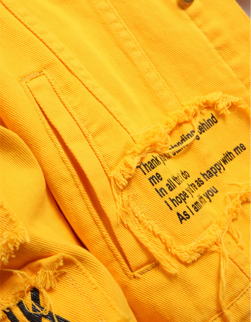 Load image into Gallery viewer, Men&#39;s Heavyweight Denim Jacket - Oversized Retro Streetwear Coat with 3D Patchwork Design, Single-Button Closure, Machine Washable, 4-Pocket Construction (Yellow/Black)
