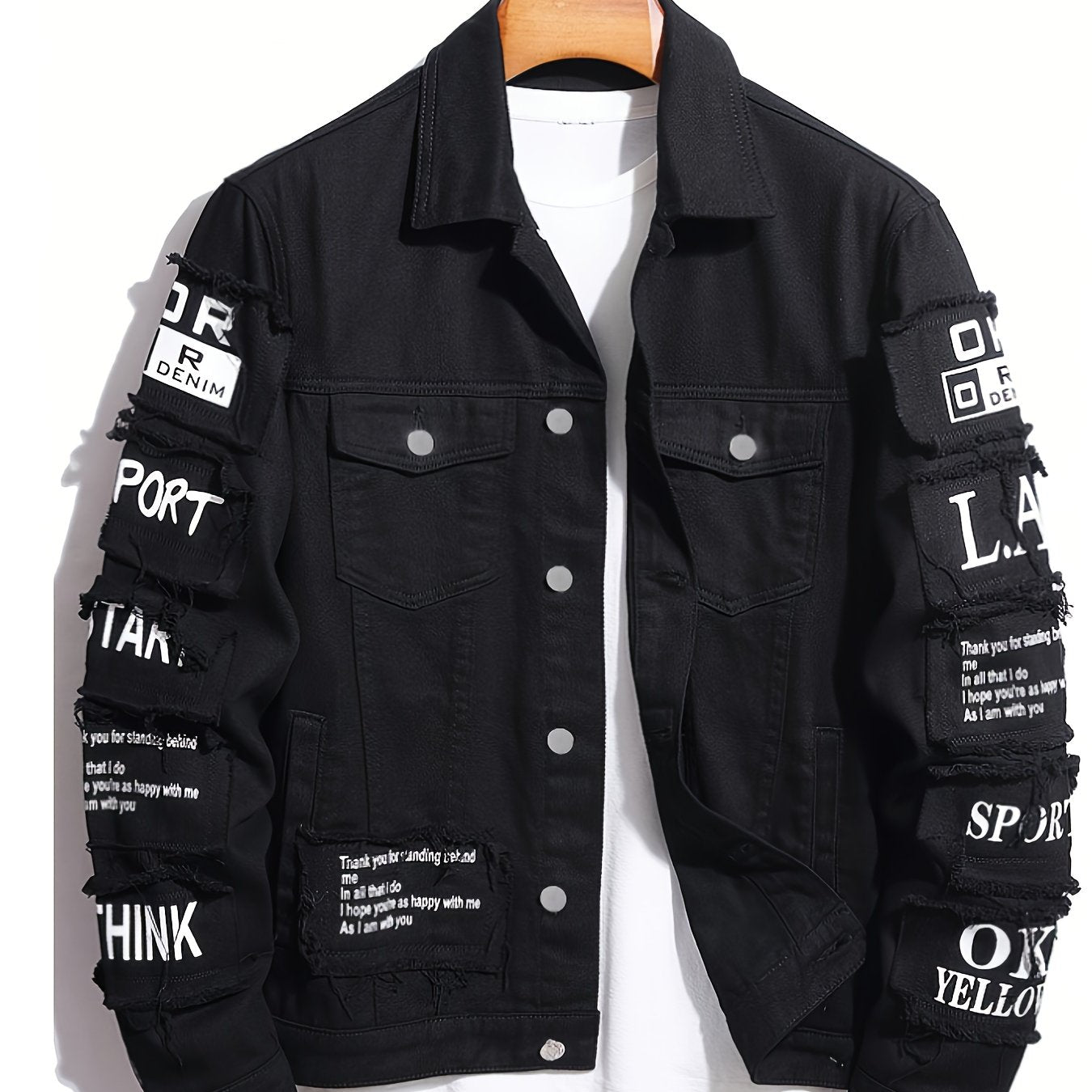 Men's Heavyweight Denim Jacket - Oversized Retro Streetwear Coat with 3D Patchwork Design, Single-Button Closure, Machine Washable, 4-Pocket Construction (Yellow/Black)