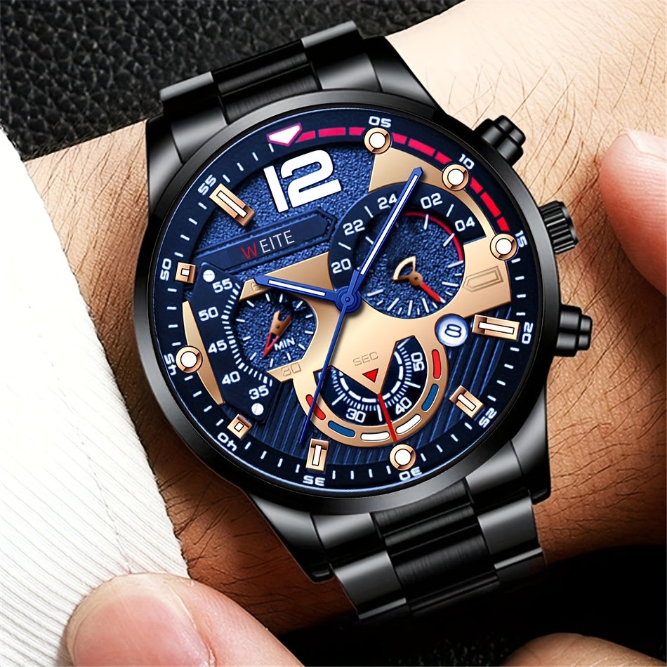 4pcs Men Stainless Steel Watch & Jewelry Set - Quartz Watch, Bracelet, Necklace, Ring With Gift Box - Versatile For Casual & Formal Occasions -