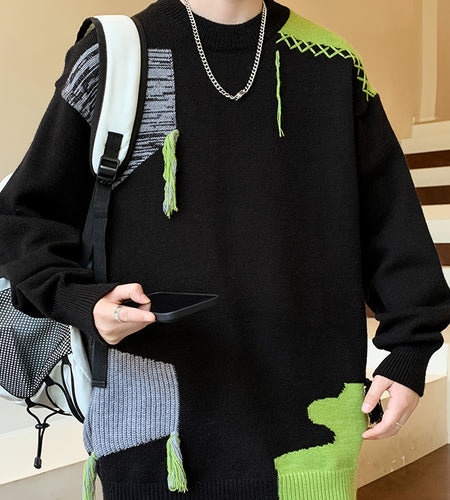 Men Preppy Crew Neck Sweater - Skinny Fit Thick Warm Knit Sweater, Grey/Black/White/, Fall Winter Office & Casual Outfits, Autumn Wardrobe, Long Sleeve Top, Textured Fabric