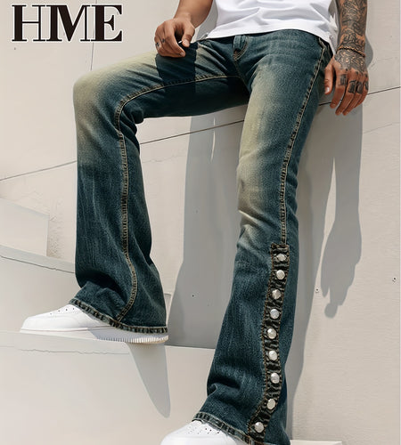 Men Light-Washed Distressed Denim Jeans - Mid-Stretch Slim-Fit Flared Bell-Bottom Trousers with Fringed Hem & Ripped Details, Mid-Rise Built-In Zipper Closure