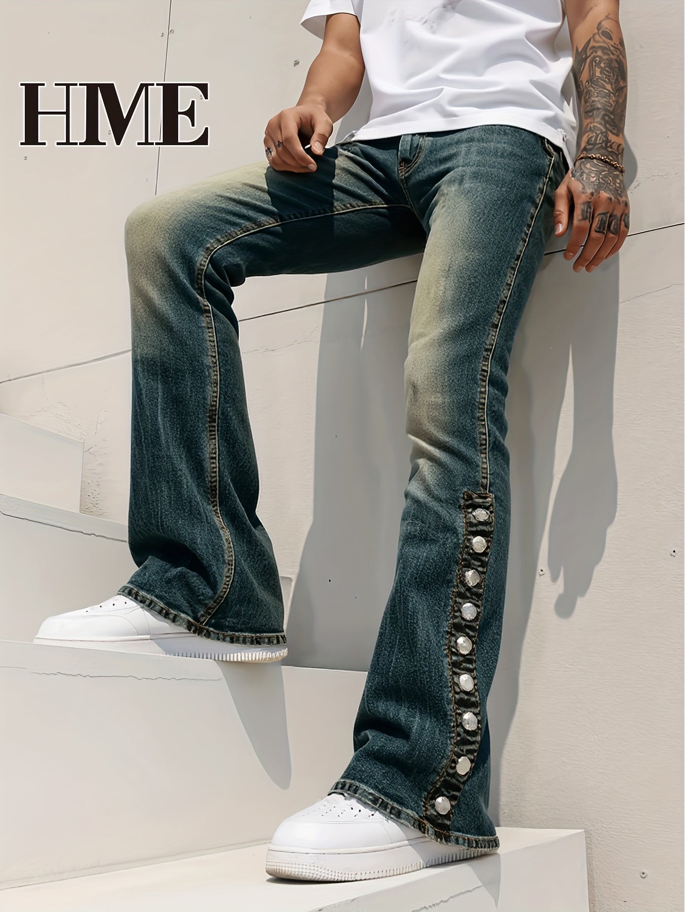 Men Light-Washed Distressed Denim Jeans - Mid-Stretch Slim-Fit Flared Bell-Bottom Trousers with Fringed Hem & Ripped Details, Mid-Rise Built-In Zipper Closure