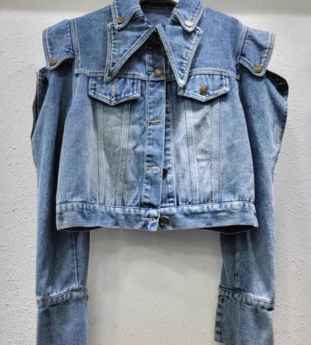 Trendy Fashion Women Denim Jacket | Niche Design, Retro Style, Heavy Industry, Right-Angle, Short, Asymmetrical Hem, Single Breasted, Long Sleeve, Casual Fit