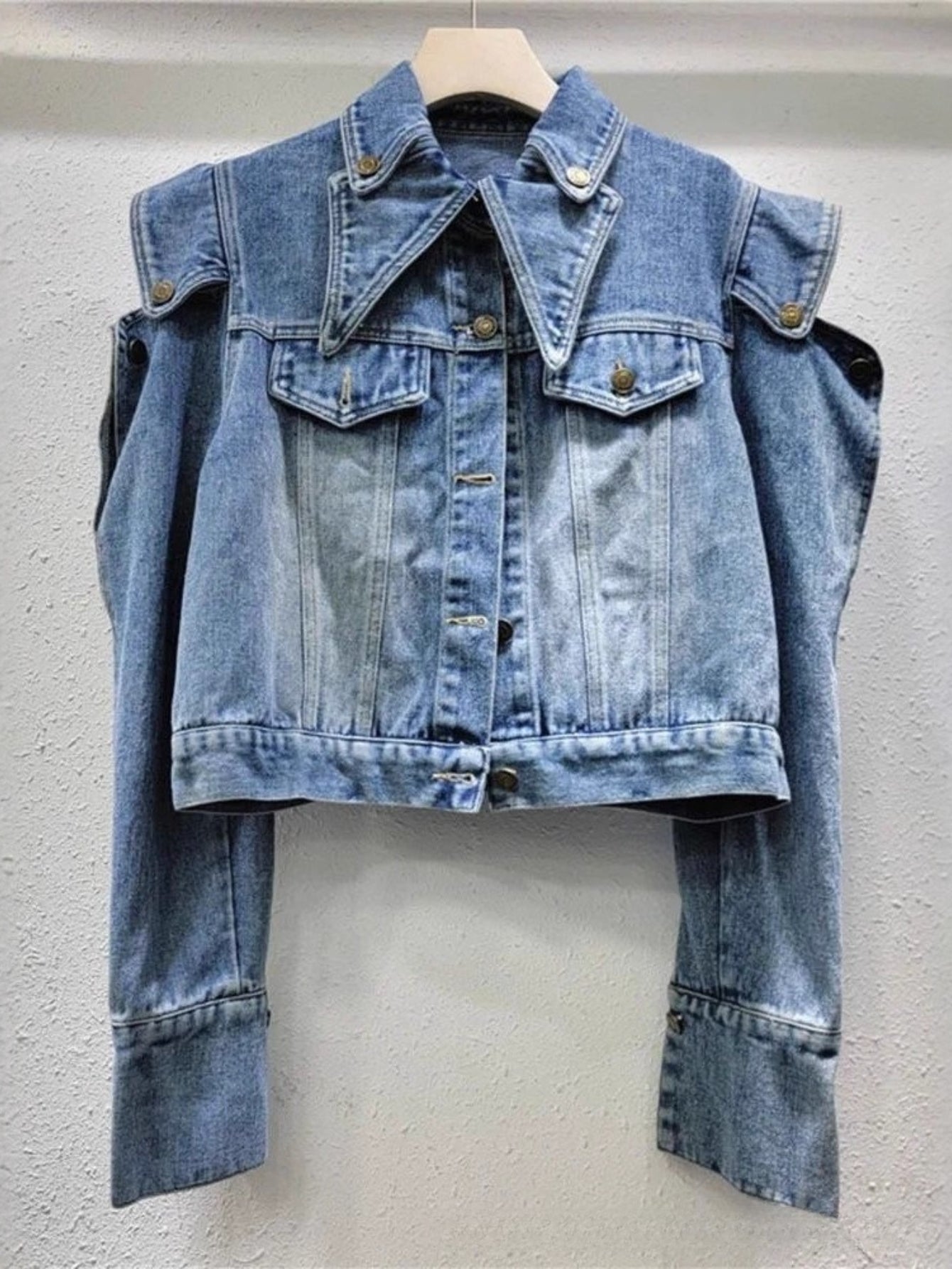 Trendy Fashion Women Denim Jacket | Niche Design, Retro Style, Heavy Industry, Right-Angle, Short, Asymmetrical Hem, Single Breasted, Long Sleeve, Casual Fit