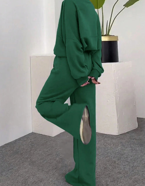 Load image into Gallery viewer, Women 2pcs Winter Suit: Dark Green Stand Collar Zipper Jacket &amp; Wide-Leg Pants - Elegant Casual Outfits for Fall/Winter, (Hand Washable) | 2pcs Collection
