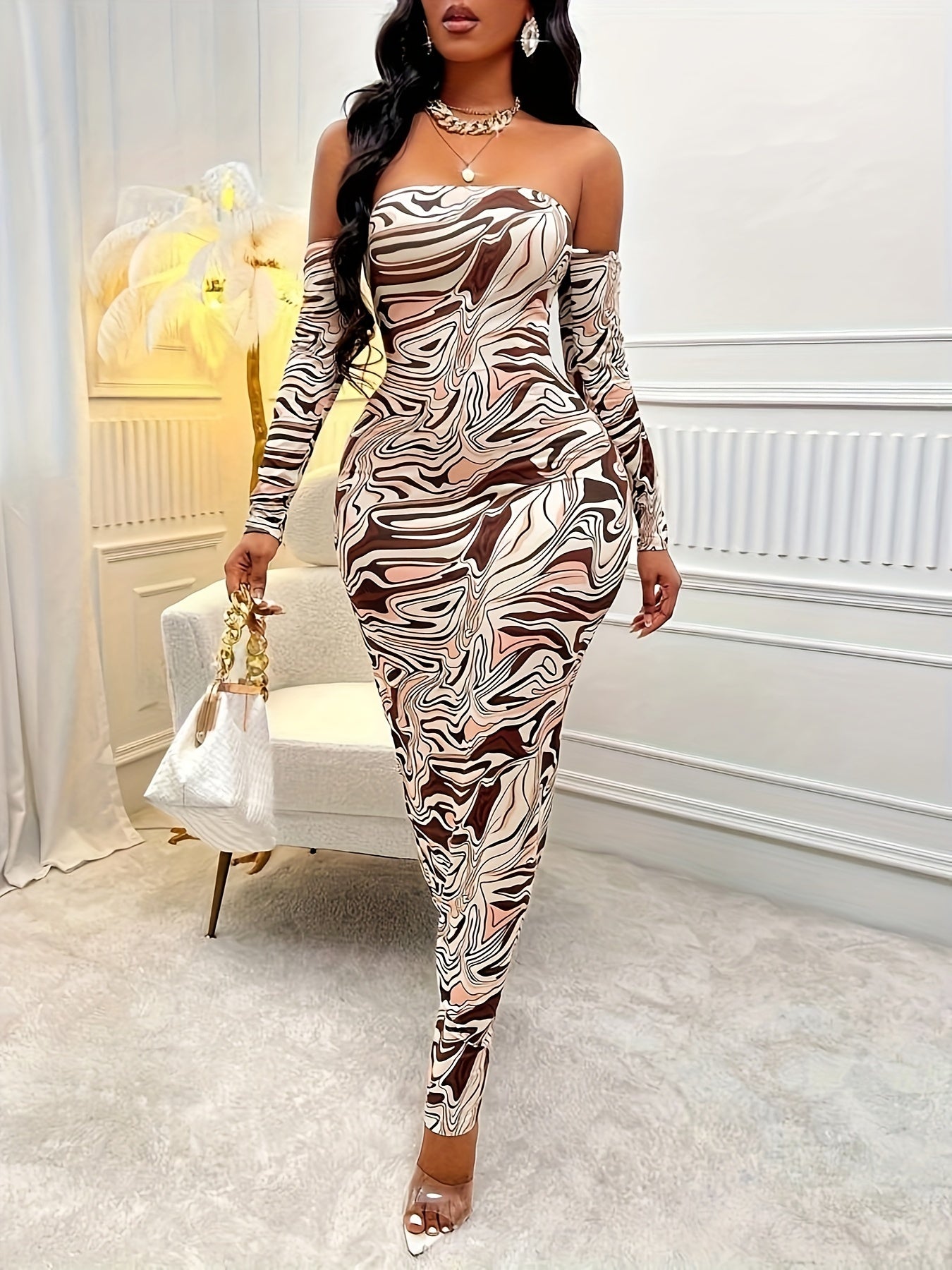 Vibrant Off-Shoulder Lace-Up Backless Bandeau Dress for Women - Stylish Knitted Dacron & Spandex Blend, Strapless Collar, All-Season Wear, Eye-Catching Printed Pattern, Comfortable Polyester & Elastane Composition, Form-Fitti