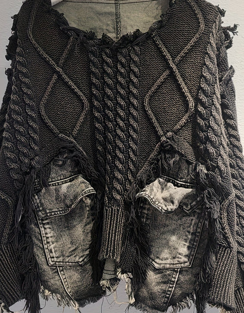 Load image into Gallery viewer, Trendy Braided Patchwork Denim Crewneck Long-Sleeve Cropped Sweater for Women, Fall/ Winter 2025
