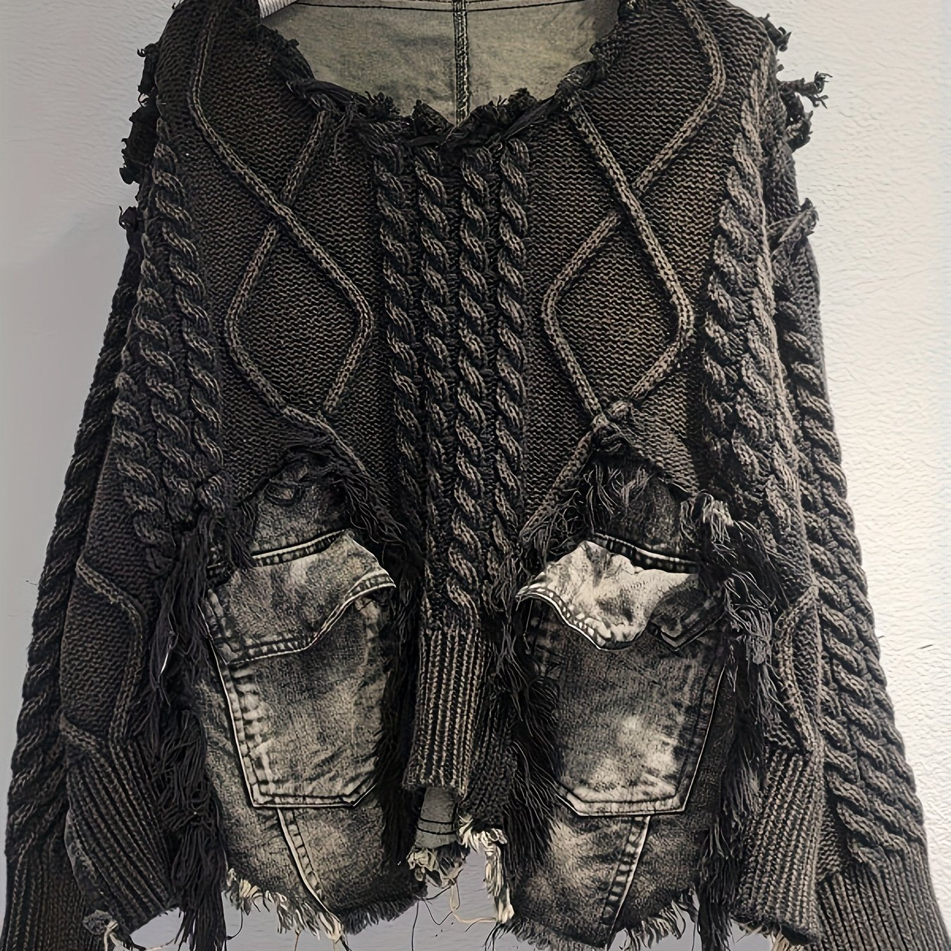 Trendy Braided Patchwork Denim Crewneck Long-Sleeve Cropped Sweater for Women, Fall/ Winter 2025