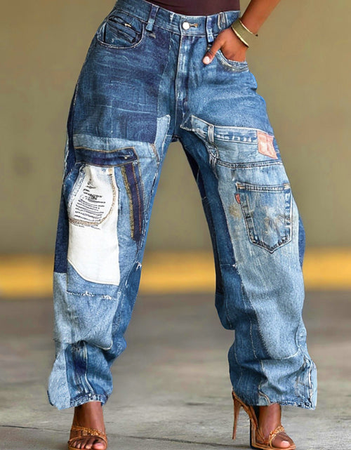Load image into Gallery viewer, Women Non-Stretch Jeans - Oversized Straight Leg Pants with Button Closure, Plus Size Friendly, Casual Everyday Jeans for Fall/Winter Outfits   Durable Fabric, Patchwork Design, Sturdy Construction,
