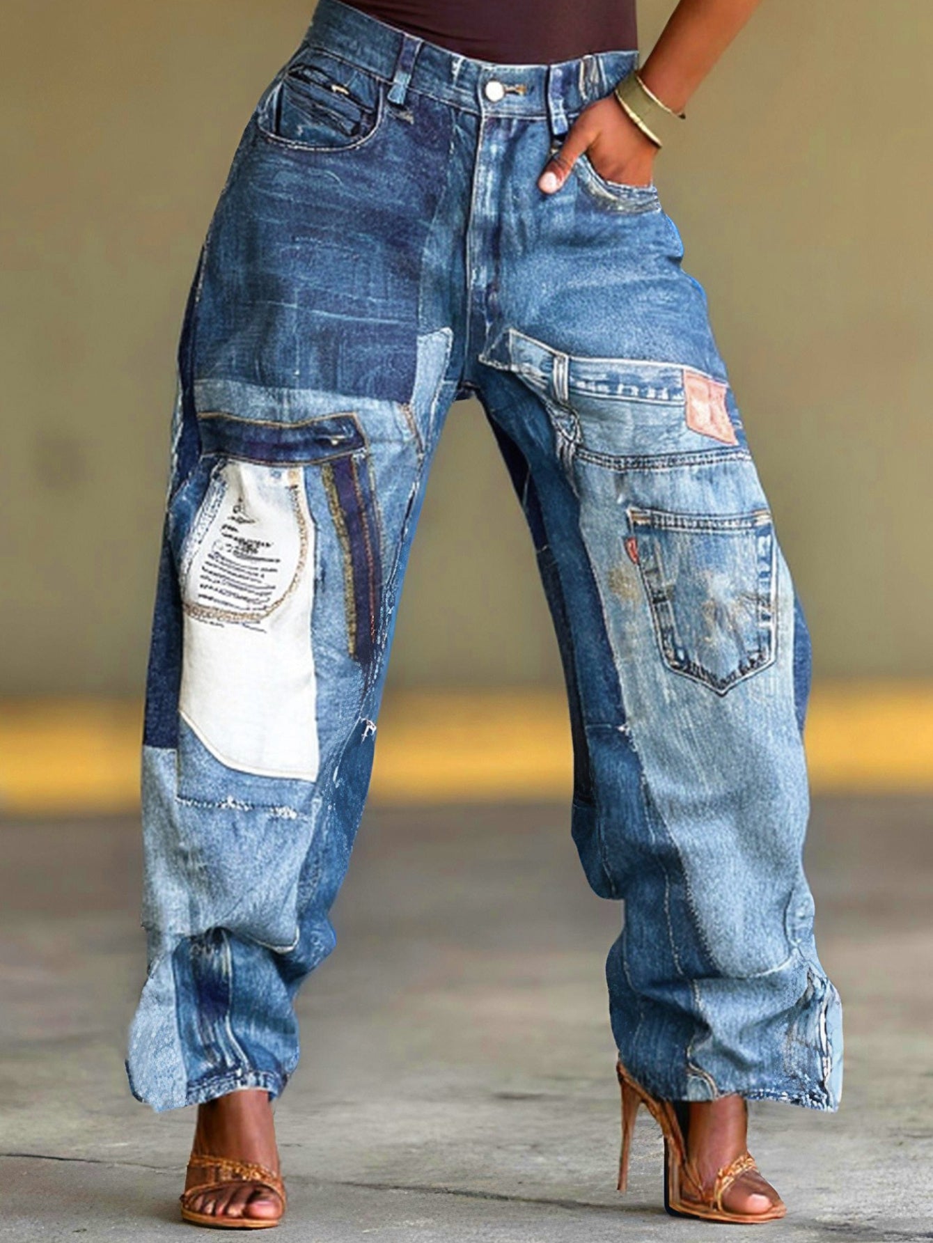 Women Non-Stretch Jeans - Oversized Straight Leg Pants with Button Closure, Plus Size Friendly, Casual Everyday Jeans for Fall/Winter Outfits   Durable Fabric, Patchwork Design, Sturdy Construction,