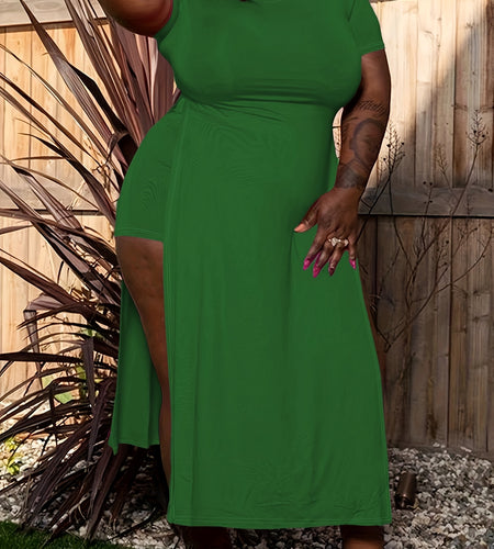 Fashionable and Trendy Bodycon Short Sleeve Dress with Double Side Slits and Shorts Set