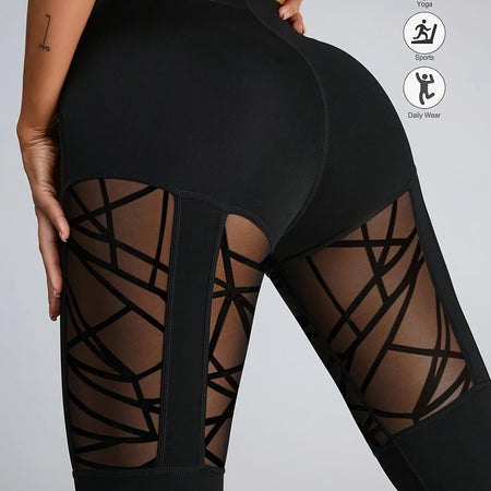 Women High-Waisted Yoga Leggings, Semi-Sheer Athletic Workout Pants with Full-Length Mesh Panels, Tights for Running, Gym, Yoga & Casual Attire, All-Season Stretchy Fitness Leggings with Full-Length Zipper-Free Opening, Solid