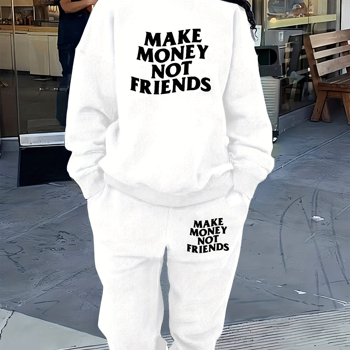 Women Polyester Two-Piece Sweat suit Set - Make Money Not Friends Casual Long Sleeve Crew Neck Sweatshirt & Jogger Pants with Pockets