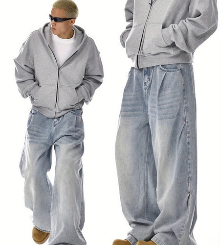 Men fashion brand American retro wash jeans | High street, straight and versatile, loose casual wide-leg trousers