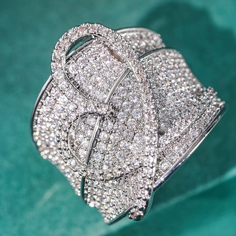 Bling Ring With A Dazzling Heart-shaped Wide Face Set With Synthetic Zirconia