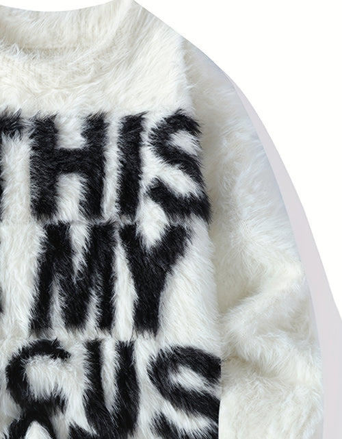Load image into Gallery viewer, Men&#39;s Thick Fuzzy Sweater with Fleece &amp; &quot;THIS IS MY FOCUS&quot; Letter Print - White/Black Winter Warm Coat Jacket-like Collar, Loose Fit Round Neck Pullover for Casual &amp; Wear (No-Sew Design)
