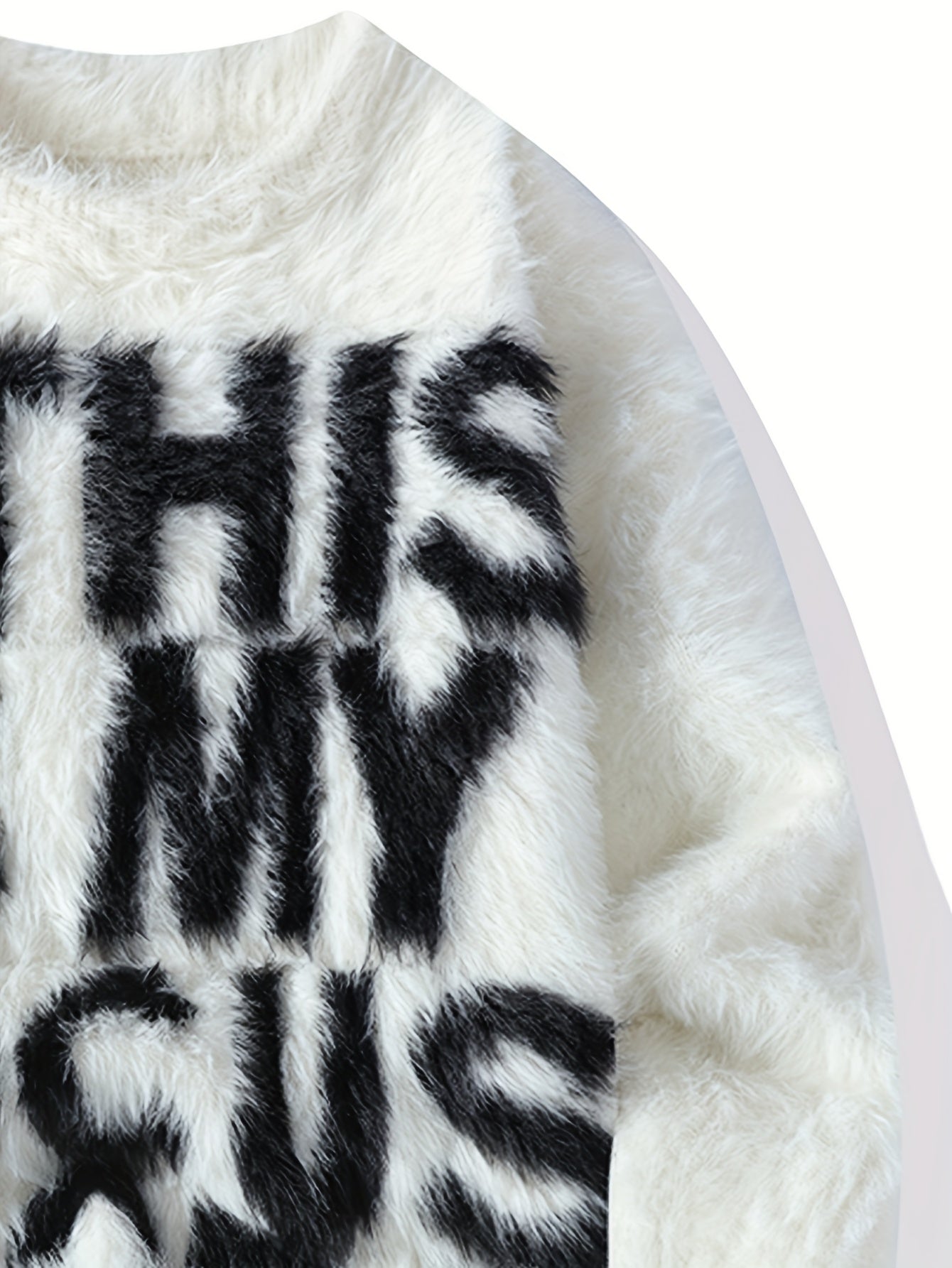 Men's Thick Fuzzy Sweater with Fleece & "THIS IS MY FOCUS" Letter Print - White/Black Winter Warm Coat Jacket-like Collar, Loose Fit Round Neck Pullover for Casual & Wear (No-Sew Design)