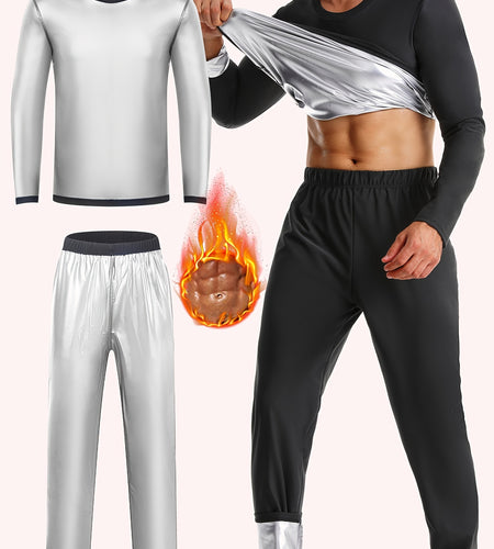 Men's 2pcs Sweat Suit,  Knit Fabric, Crew Neck Long Sleeve & Pants, Quick Sweat Gym Workout Outfit, Universal Fit for Training & Yoga, Solid Color, Slight Stretch, All Seasons