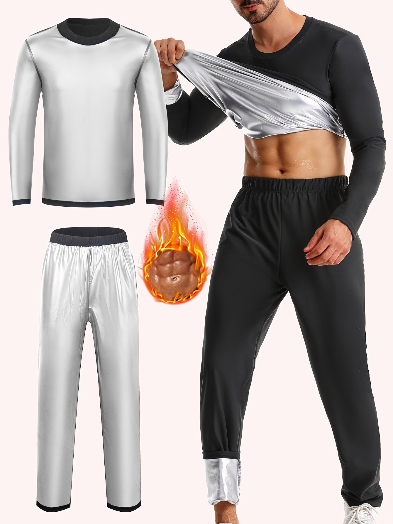 Men's 2pcs Sweat Suit,  Knit Fabric, Crew Neck Long Sleeve & Pants, Quick Sweat Gym Workout Outfit, Universal Fit for Training & Yoga, Solid Color, Slight Stretch, All Seasons