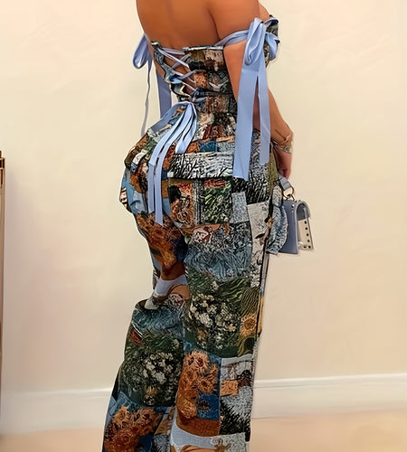 Two-Piece Set- Blue Printed Off-Shoulder Sleeveless Top with Cross Straps and Long Pants