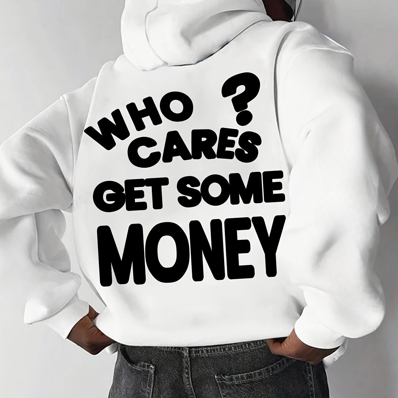 Men Casual Street Style Hoodie - "Who Cares? Get Some Money" Graphic, Loose Fit, Long Sleeve, Polyester, Machine Washable - Perfect for Spring/ Fall, Oversized Hoodie