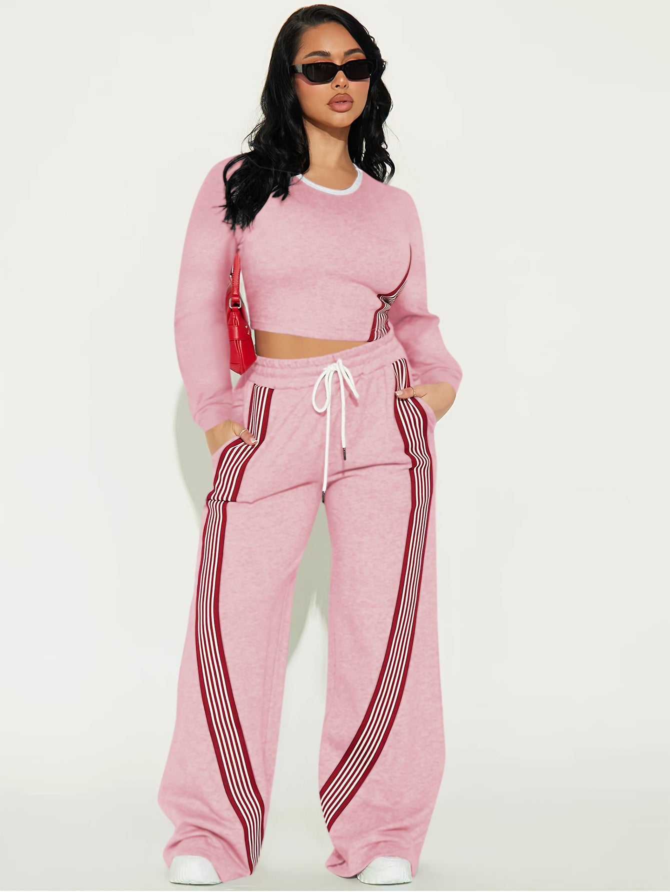 2pcs Women Casual Long Sleeved Top And Side Striped Style Drawstring Pocket Pants Set For Autumn And Winter