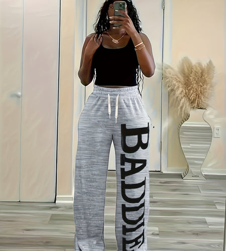 Plus Size, Women's Black "Baddie" Pants - Loose Fit Wide-Leg Trousers with Bold Letter Print, Adjustable Drawstring Waist, Machine Washable Polyester Blend
