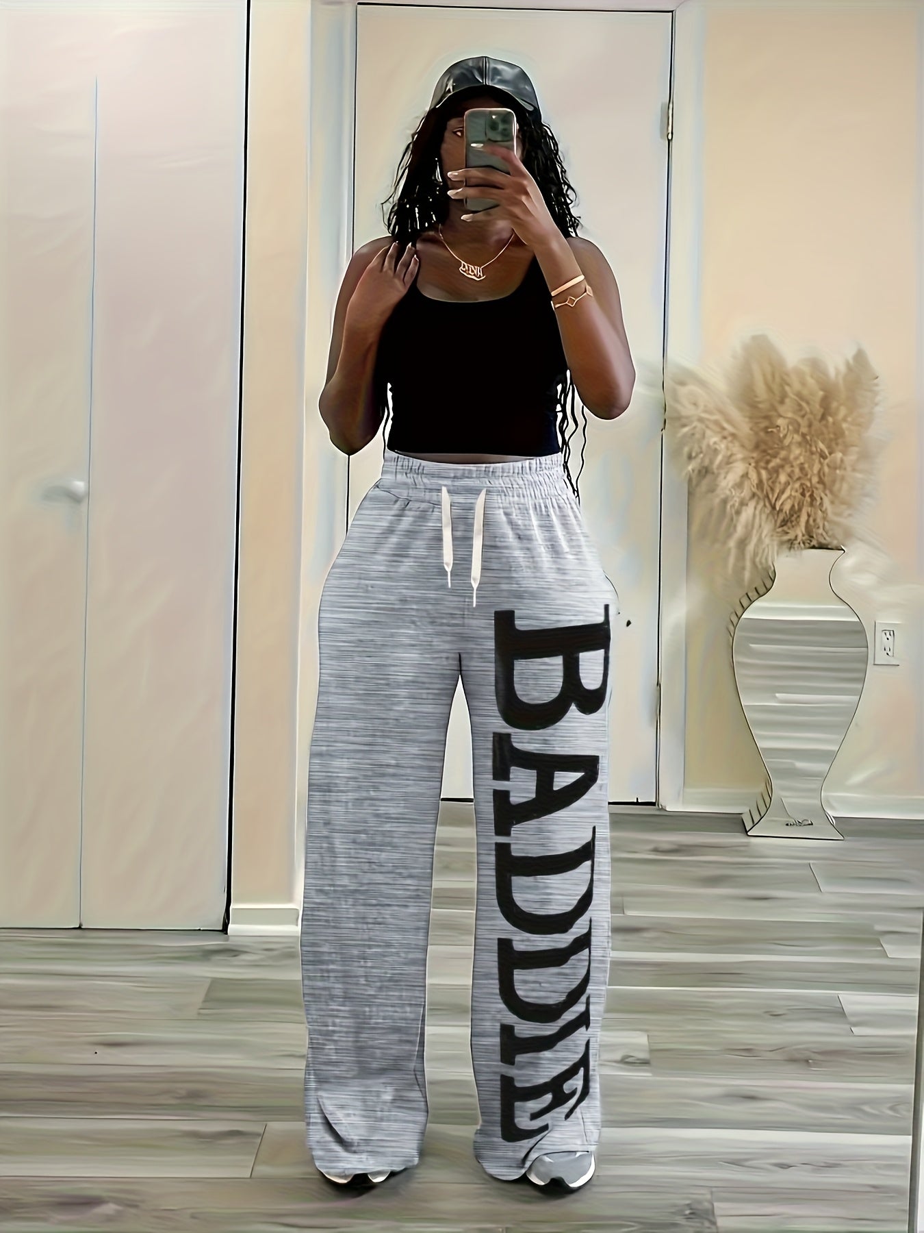 Plus Size, Women's Black "Baddie" Pants - Loose Fit Wide-Leg Trousers with Bold Letter Print, Adjustable Drawstring Waist, Machine Washable Polyester Blend