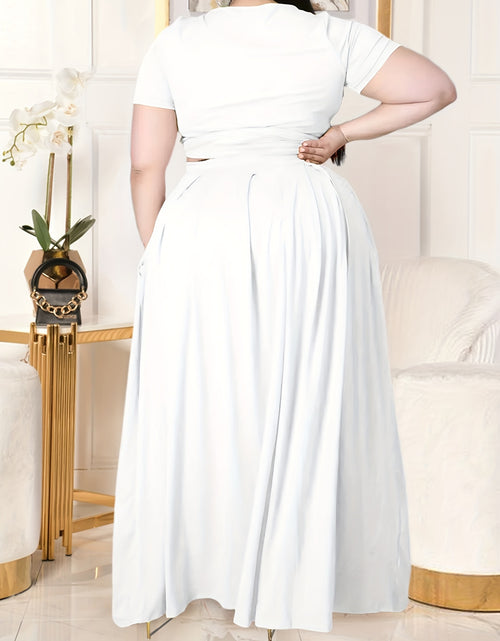 Load image into Gallery viewer, Plus Size Women&#39;s Solid Color Cross Tie Maxi Skirt Set, Casual Polyester Knit Dress with Short Sleeves, Round Neck, Pullover, Elastic Fabric, Fashionable Two-Piece Outfit
