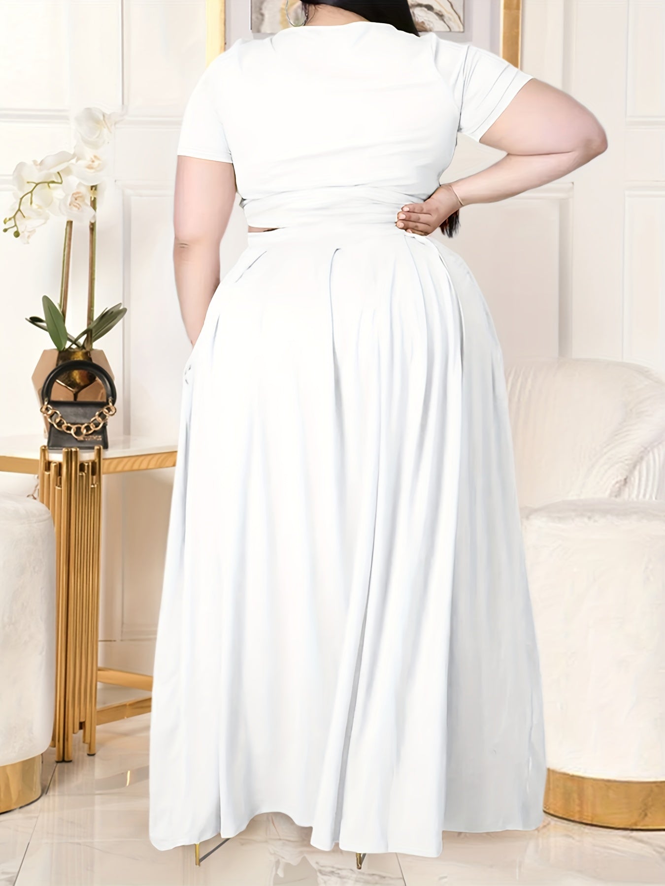 Plus Size Women's Solid Color Cross Tie Maxi Skirt Set, Casual Polyester Knit Dress with Short Sleeves, Round Neck, Pullover, Elastic Fabric, Fashionable Two-Piece Outfit